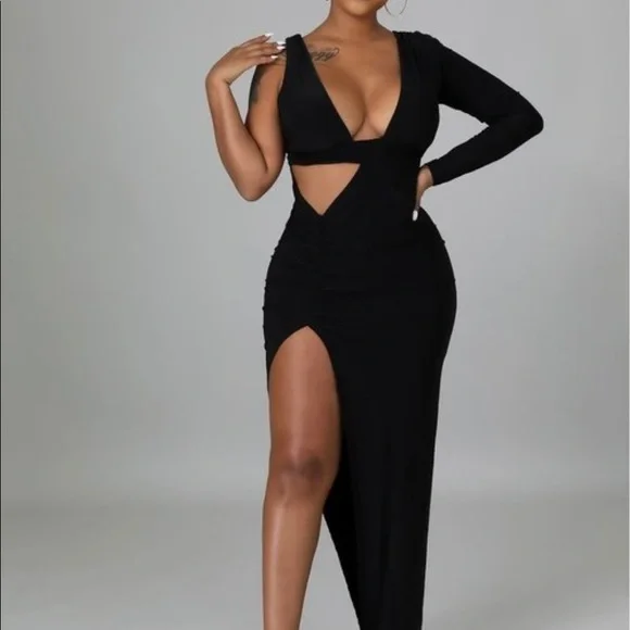 NEW TRENDY BLACK ONE SHOULDER FITTED MAXI DRESS - Picture 5 of 9